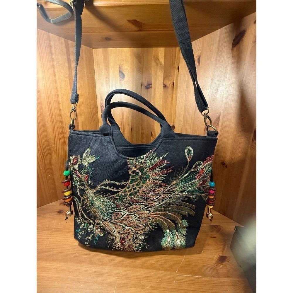 Peacock Embroidered Sequined Handbag Black Tote‎ Crossbody Purse Beaded Tassels
